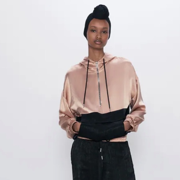 Zara Jackets & Blazers - NWT Zara Satin Color Block Pouch Pocket Half Zip Jacket S Peach Black